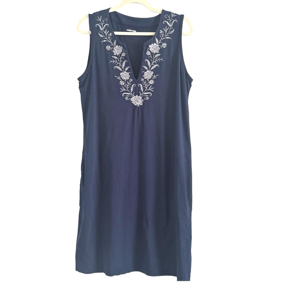 Navy Embroidered V-Neck Midi Dress -